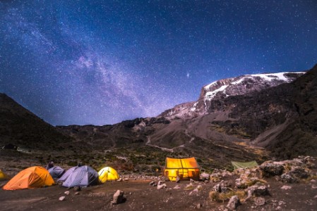 Camp in front of the mountain Kilimandjaro in Africa