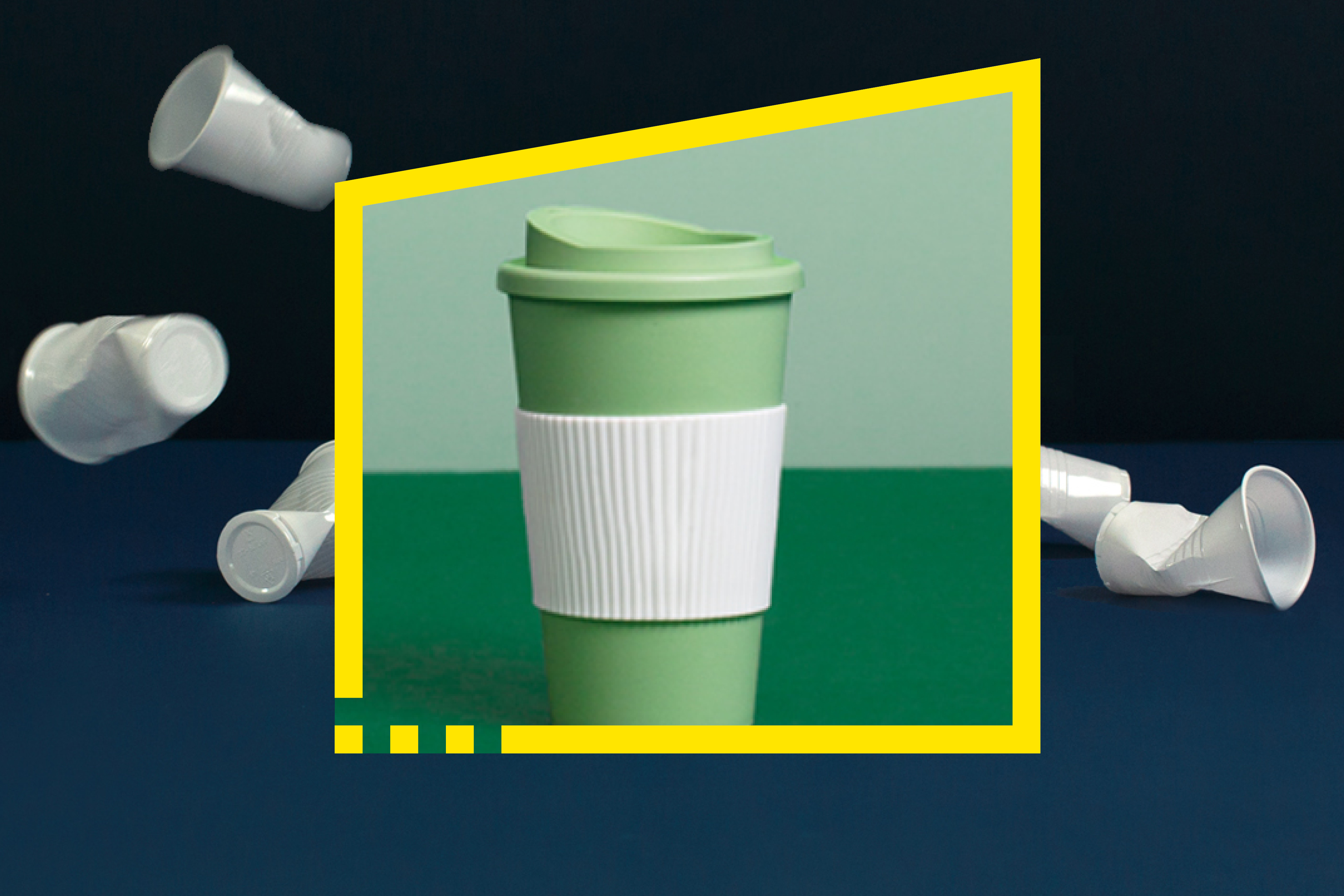 Image of plastic cups and and an sustainable flexible plastic package visualizing a sustainable future