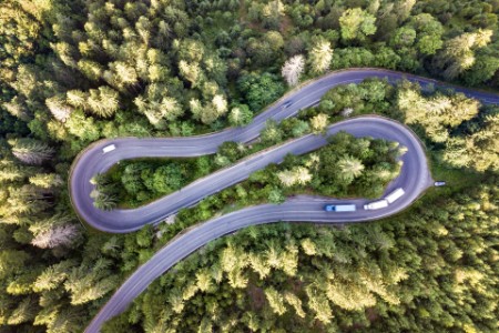 Aerial view of winding road in high mountain