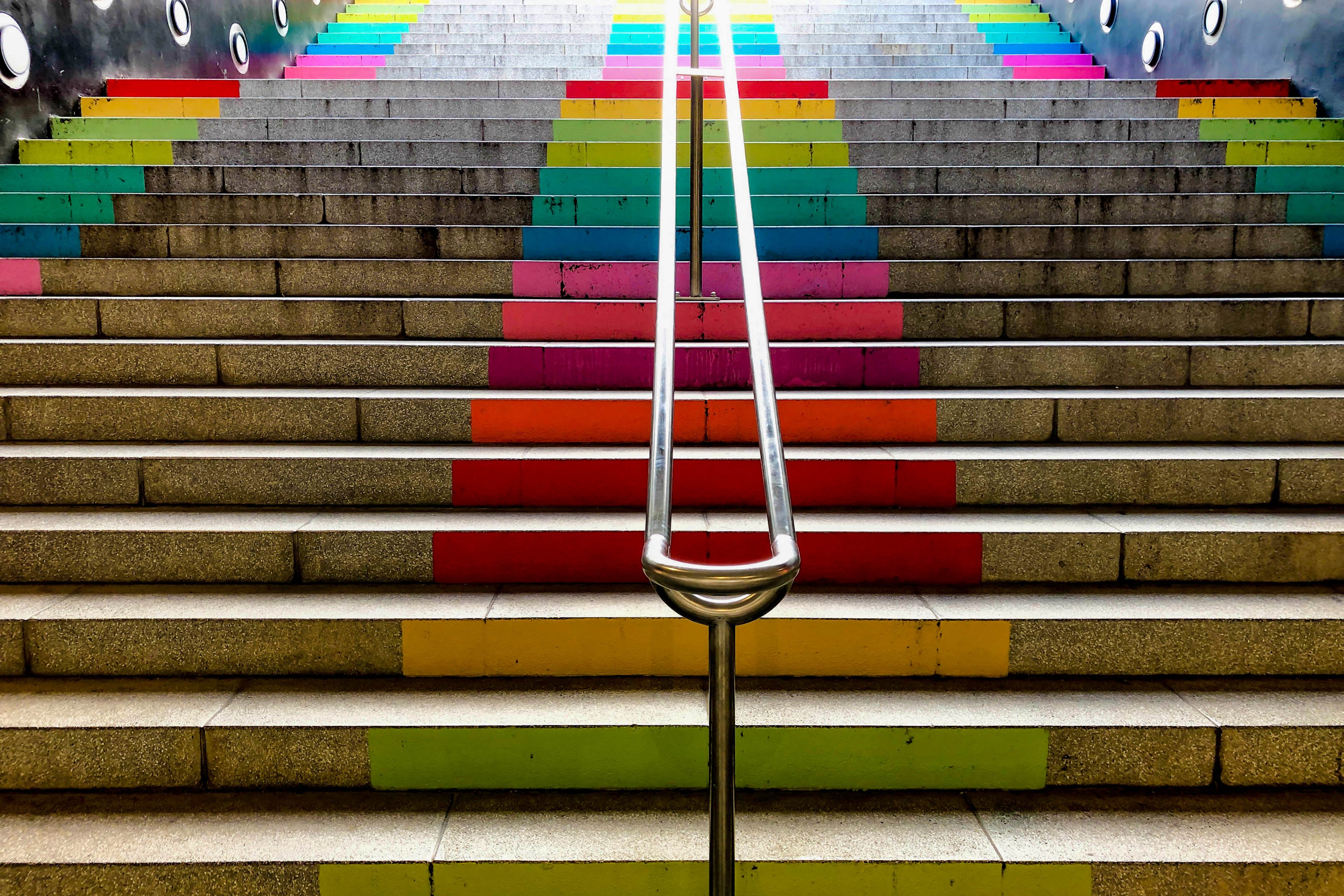 Rainbow colors in the Barcelona city street stairs 