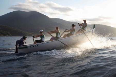 Team rowing through a wave