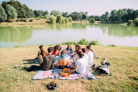 A group of friends having a picnic in the countryside