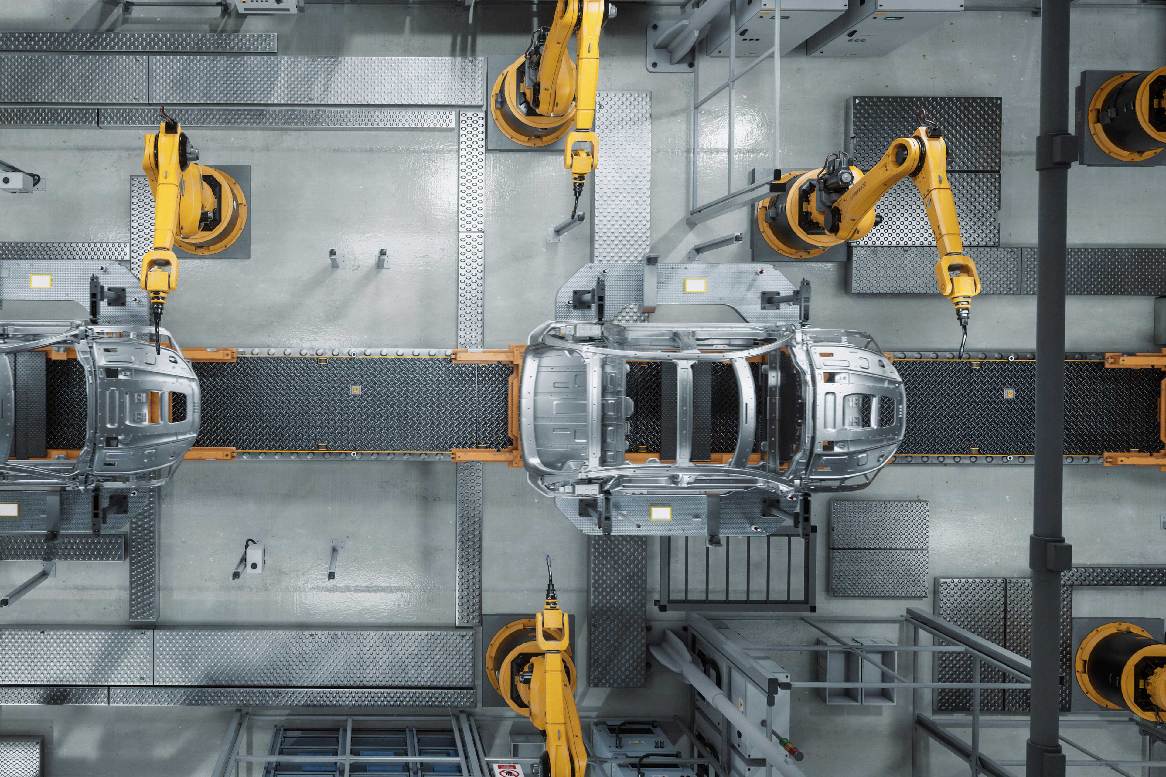Automated Robot Arm Assembly Line Manufacturing Electric Vehicles