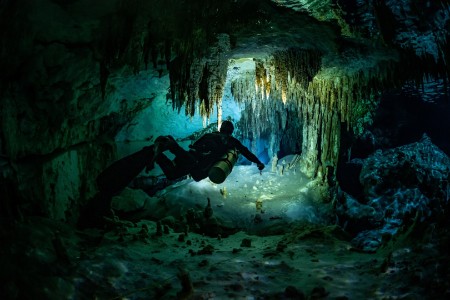 Cave diver in cenote underwater