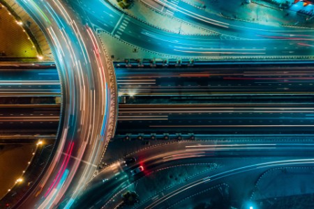 aerial nightime traffic on highway