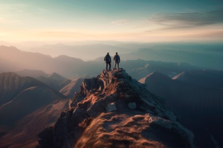 Two people at the top of a mountain