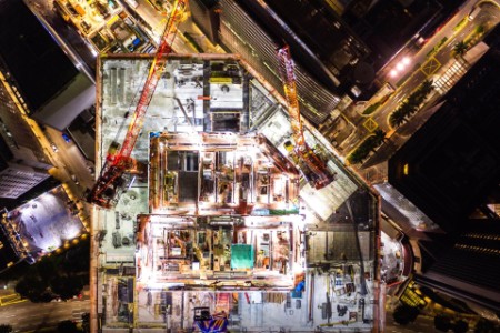 Aerial construction on building rooftop