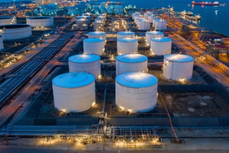 Aerial view of oil and gas storage tanks