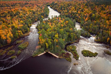 Aerial view of river with fall foliage
