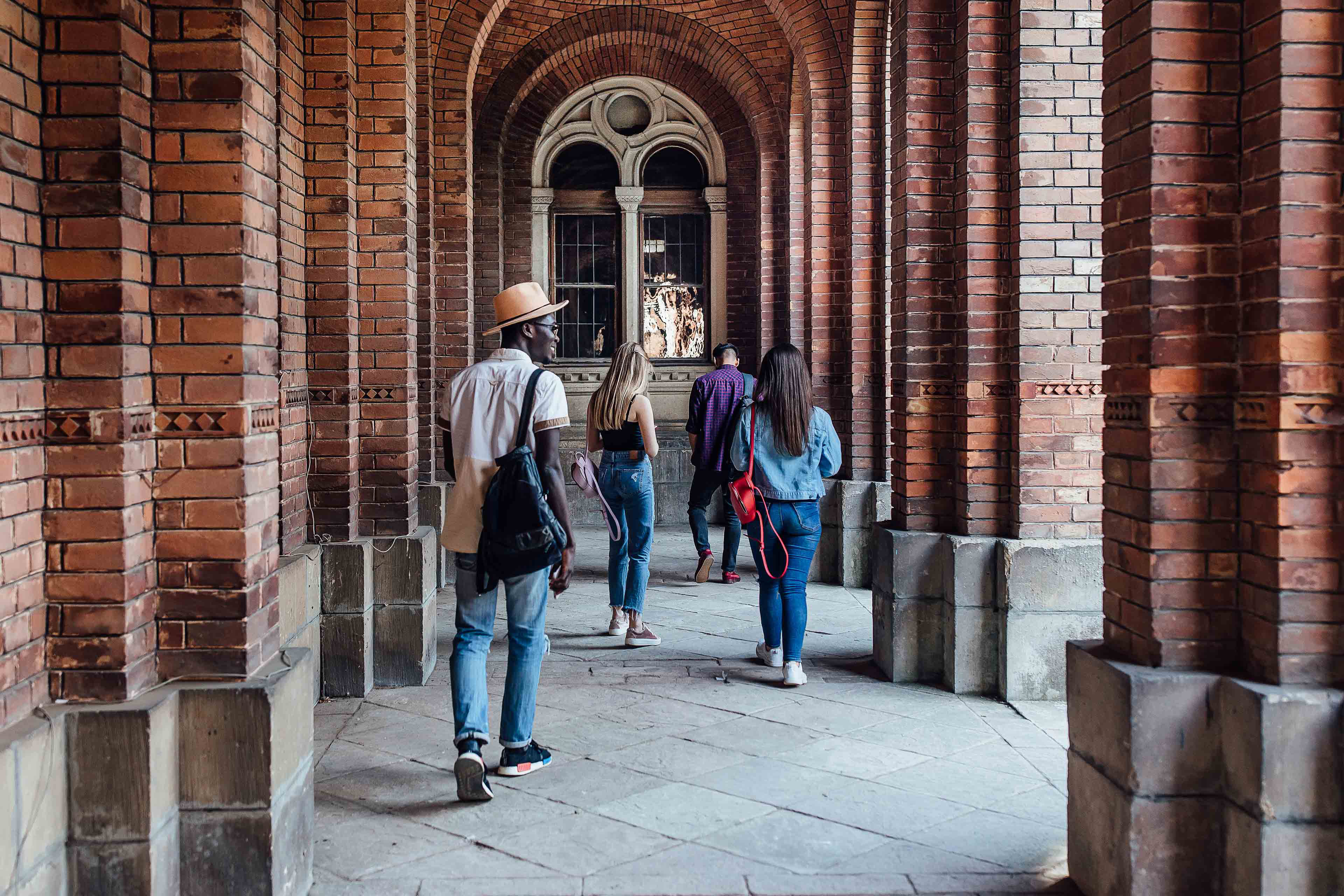 Students walking through an academic building