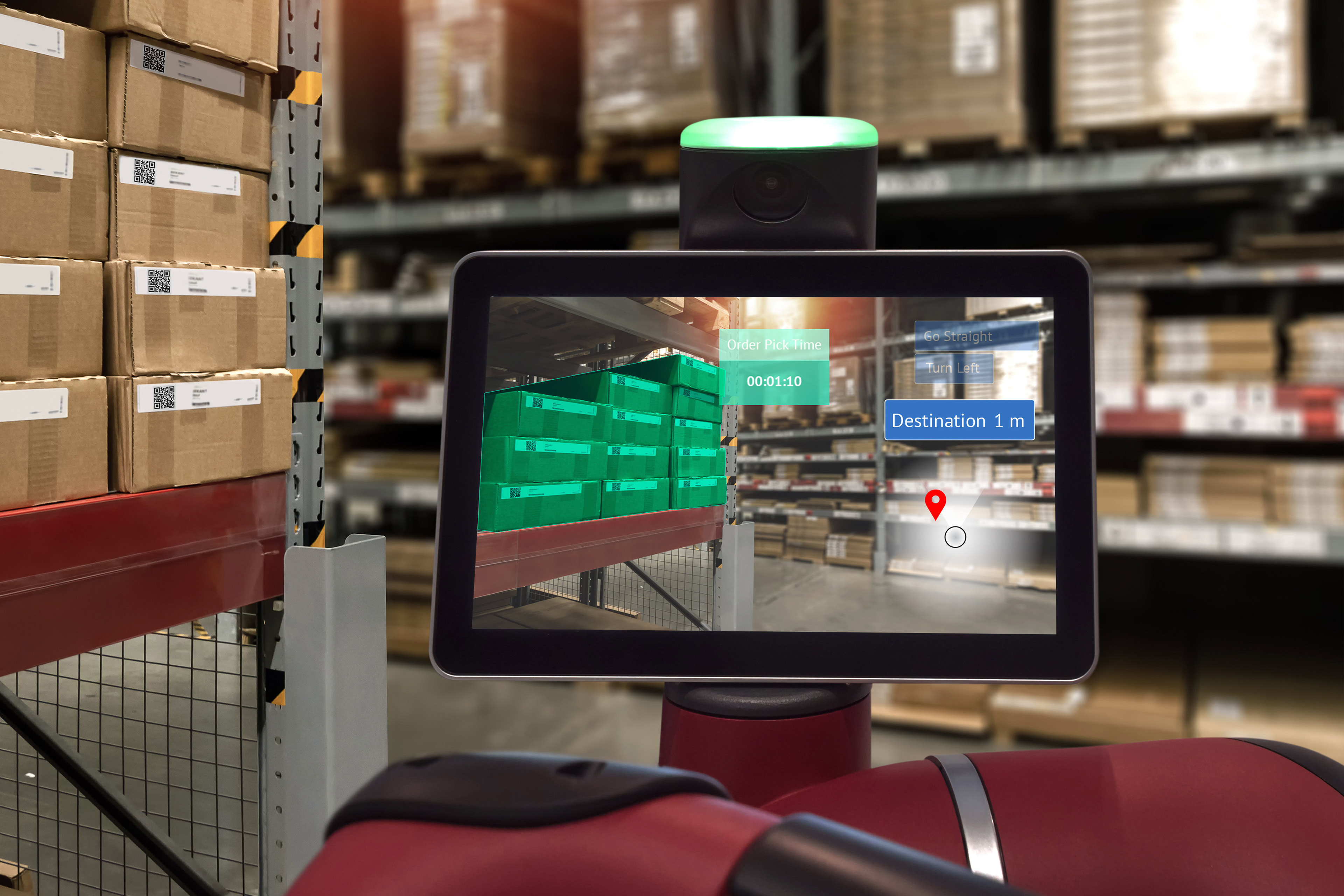 Industrial 4.0 , Augmented reality and smart logistic concept. Robot adviser with AR application for check order pick time in smart factory industry warehouse.