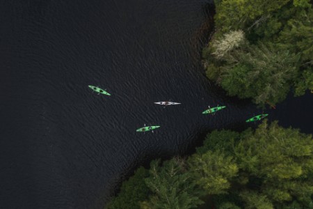 Aerial shot of kayakers on a scottish loch