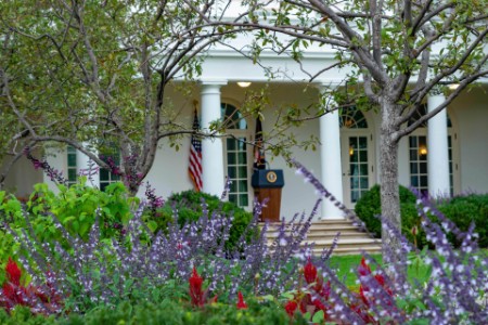 Presidential podium in Rose Garden of the White House