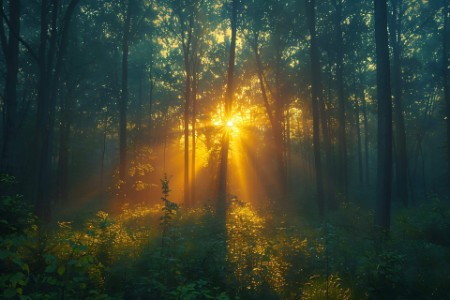 Lumière solaire dans forêt brumeuse.