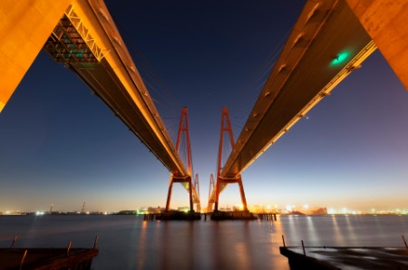 pair of cable-stayed bridges spanning across the Nagoya Bay