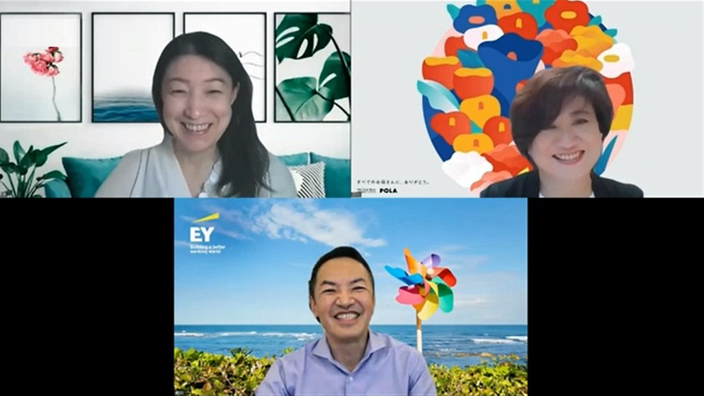 Upper left: Tsukiko Tsukahara, President of Kaleidist K.K., Upper right: Miki Oikawa, CEO of POLA Inc., Lower: Moriaki Kida, Chairperson & CEO of EY Japan