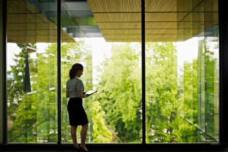 Bilda av Forretningskvinne som holder nettbrett stående ved vinduer og ser utover grøntområder