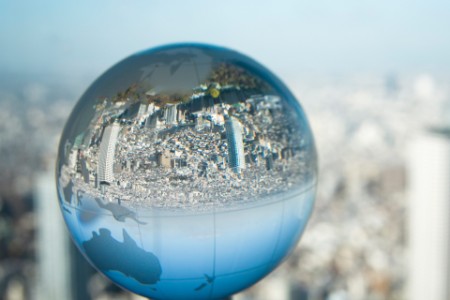 The city visible inside the glass globe