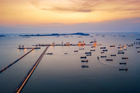 The aerial view of oil tanker ship loading in port